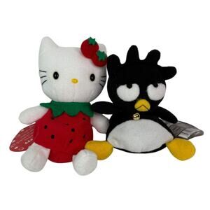 Sanrio 1998 Hello Kitty Strawberry 6" Beanie Plush and 1997 Badtz Maru Penguin